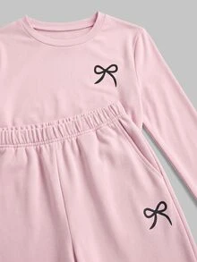 Sweetra Women's Pink 2 Pieces Sports Set, Bow Print Pleated Cropped Long Sleeve Top, Elastic Waist Split Hem Wide Leg Pants - Pink - View 5