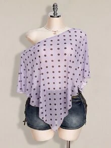 SHEIN ICON 女款大尺碼波點網紗不對稱上衣 - 紫丁香色 - 查看 3