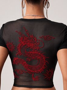 SHEIN ICON Spring/Summer Printed Short Sleeve T-Shirt, Blending Grunge Style With Fashionable Sexy Elements, Featuring Dragon Print And Flocked Mesh Patchwork Design, Suitable For Casual Outfits - Red and Black - View 6