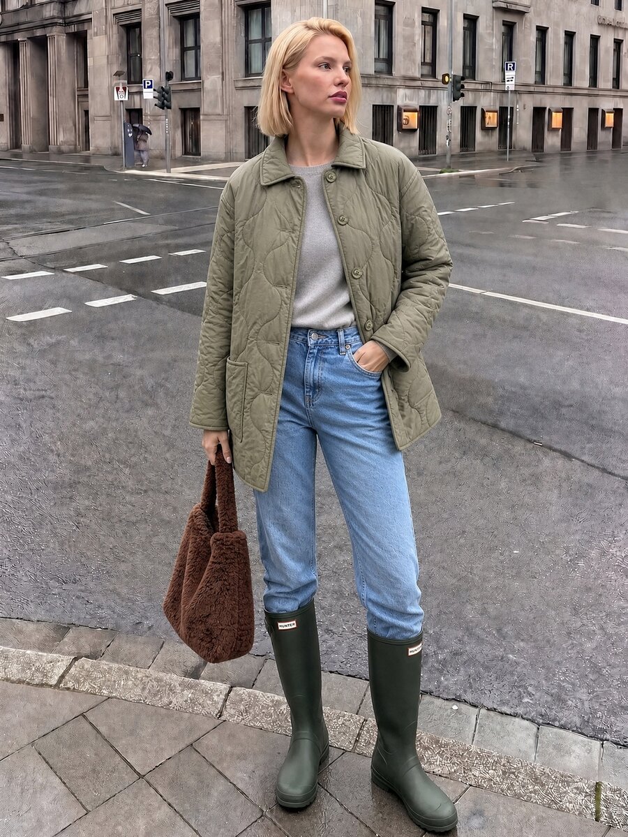 Struktiv Nordic Casual Style Solid Color Thin Loose Mid-Length Commuter Padded Coat - Olive Green - View 1