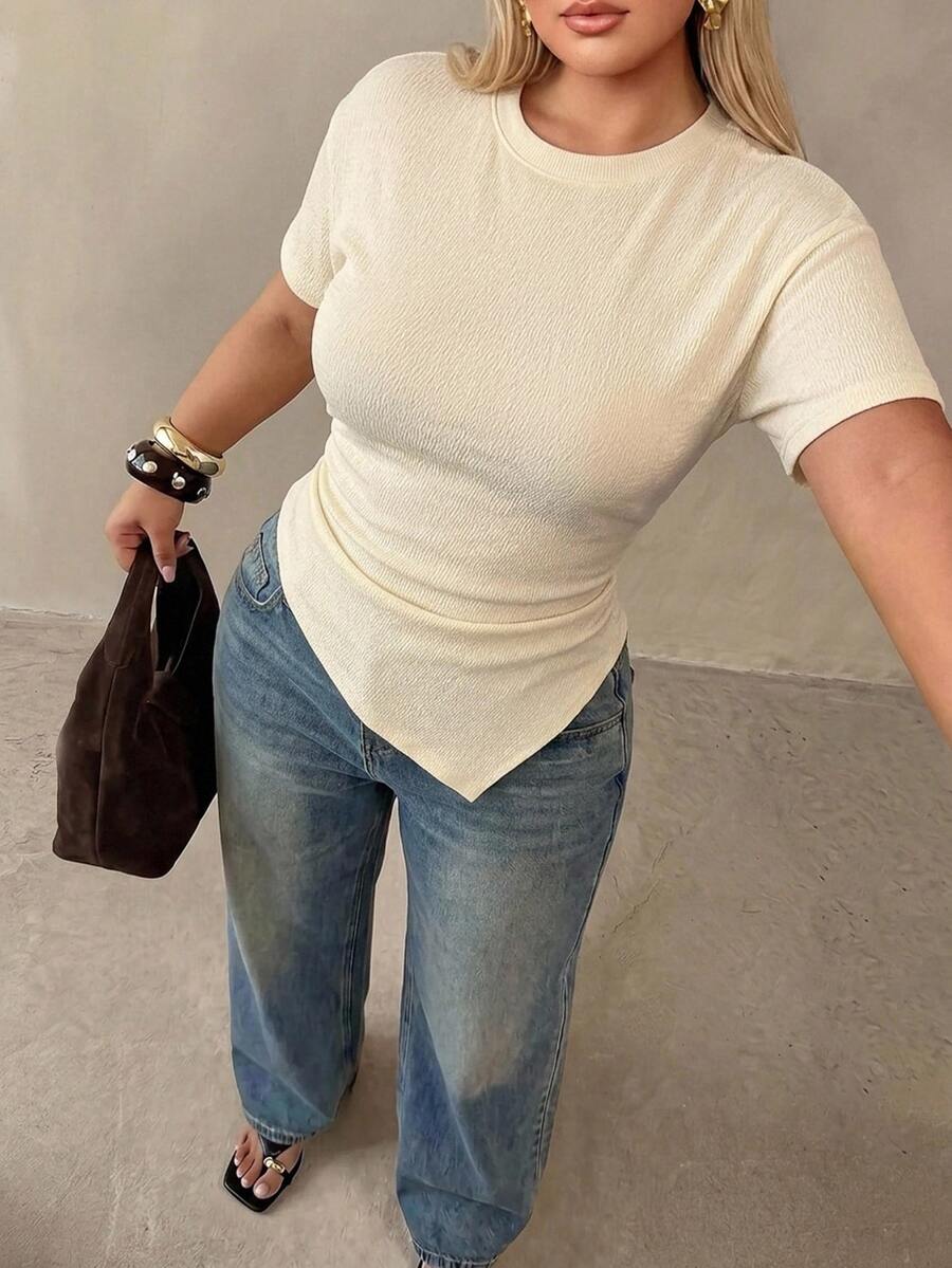 Auralis Plus Size Women's Solid Color Textured Fabric Round Neck Short Sleeve Ruched Asymmetrical Hem Fashion T-Shirt - Suitable For Casual, Daily And Office Wear - Beige - View 1