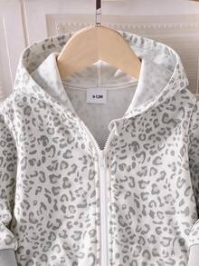 Baby Girl Fashionable Minimalist Cute Leopard Print Hooded Zip-Up Long Sleeve Fleece-Lined Sweatshirt Jacket, Soft Fabric, Suitable For Outings In Autumn/Winter - Multicolor - View 7
