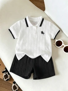 Souflis Souflis 男嬰夏季黑色學院風提花POLO衫與短褲2件套，小馬印花翻領短袖套裝，適合日常穿著、上學、派對、度假 - 黑色 - 查看 1