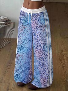 SHEIN Tween女孩新款針織豹紋印花貼帶寬腿運動褲，春夏秋冬皆宜，休閒百搭修身低腰鬆緊腰帶寬鬆運動褲，拼色拼接設計，海軍藍，返校季 - 彩色 - 查看 5