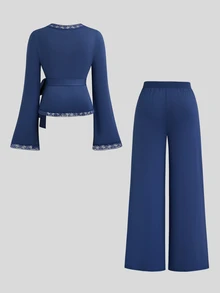 Sweetra Plus Size Cross Neck Top & Wide Leg Pants 2pcs Set Fall - Dusty Blue - View 2