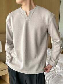 DAZY 春秋款小V領長袖針織刷毛布料寬鬆舒適杏色男士T恤 - 杏色 - 查看 6