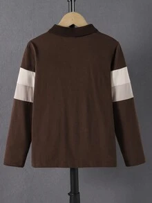SHEIN Mirajuku Boys' Polo Shirt, Patchwork Long Sleeve, Simple Fashionable Turn-Down Collar, White - Mocha Brown - View 3