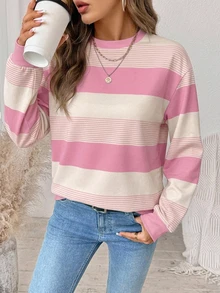 SHEIN LUNE 女款圓領寬鬆粉色條紋運動衫，休閒極簡風，秋季服飾，秋季穿搭，女款通勤穿搭，基礎上衣，外出穿搭，機場穿搭 - 白色 - 查看 4