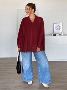 SHEIN Essnce 大尺碼女款純色休閒百搭日常長袖襯衫 - 酒紅色 - 查看 3