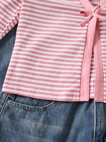 SHEIN 大女孩黑色針織開襟開襟衫，適合搭配，可單穿或作為外套 - 粉色 - 查看 6
