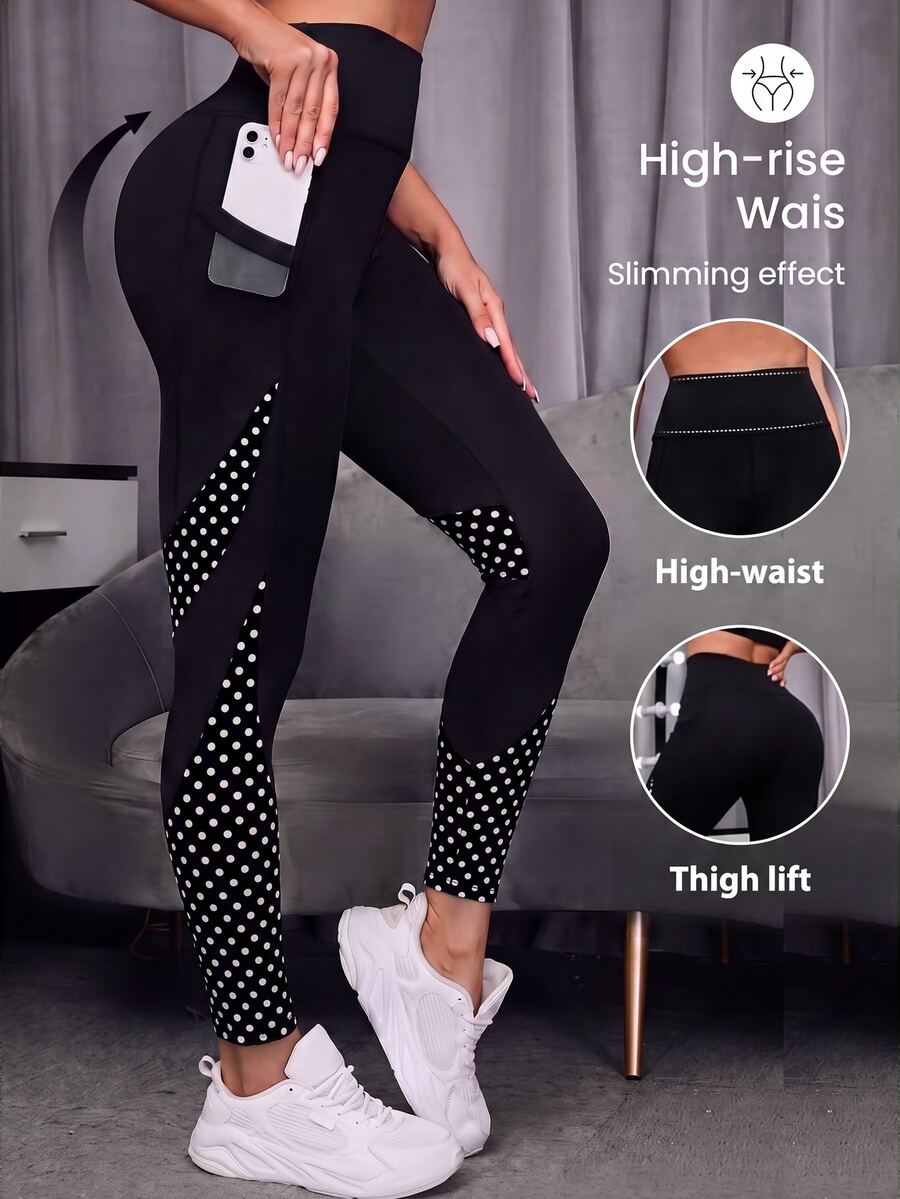 SHEIN Sports 圓點印花拼接高腰運動緊身褲 - 彩色 - 查看 1
