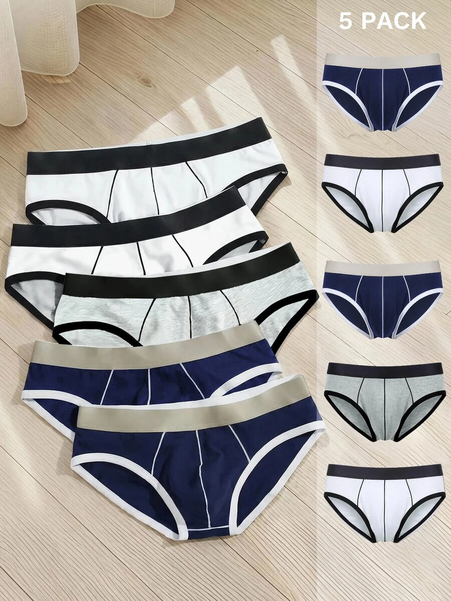 SHEIN 男士拼色休閒日常三角內褲 5件/包 - 彩色 - 查看 1