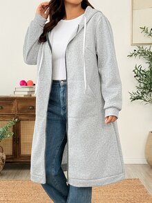Weeklong Jaket Lengan Panjang Kasual Wanita Ukuran Besar Warna Polos dengan Tali Serut dan Tudung untuk Musim Dingin - Grey - View 7