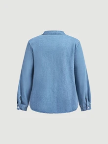 EMERY ROSE Plus Size Women's Notch V-Neck Single-Breasted Casual Denim Shirt - Blue - View 5