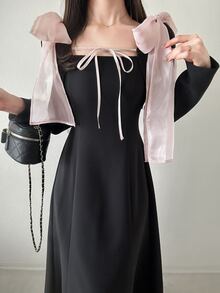 FRIFUL Women's Elegant Romantic Bowknot Long Dress Party Dinner Date Night Cocktail Black And Pink Fall Wedding - Grey - View 4