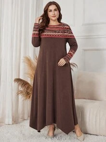 Lacomfia Autumn/Winter Elegant Casual Print Patchwork Ruched Neck Loose Fit Versatile Knit Textured Plus Size Women's Long Dress - Multicolor - View 3
