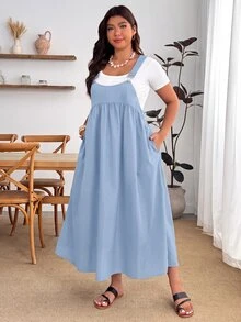 Enliva Plus Size Loose Black Strap Dress - Baby Blue - View 3