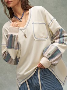 Bohemela Casual Loose Plaid Patchwork Women's Sweatshirt - Multicolor - View 4