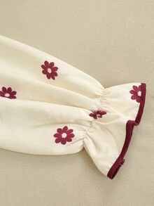 SHEIN Franclia French Vintage Daisy Print Solid Color Contrast Color Women's Long Sleeve Blouse, Autumn/Winter Commute Work Outfit - Burgundy - View 6