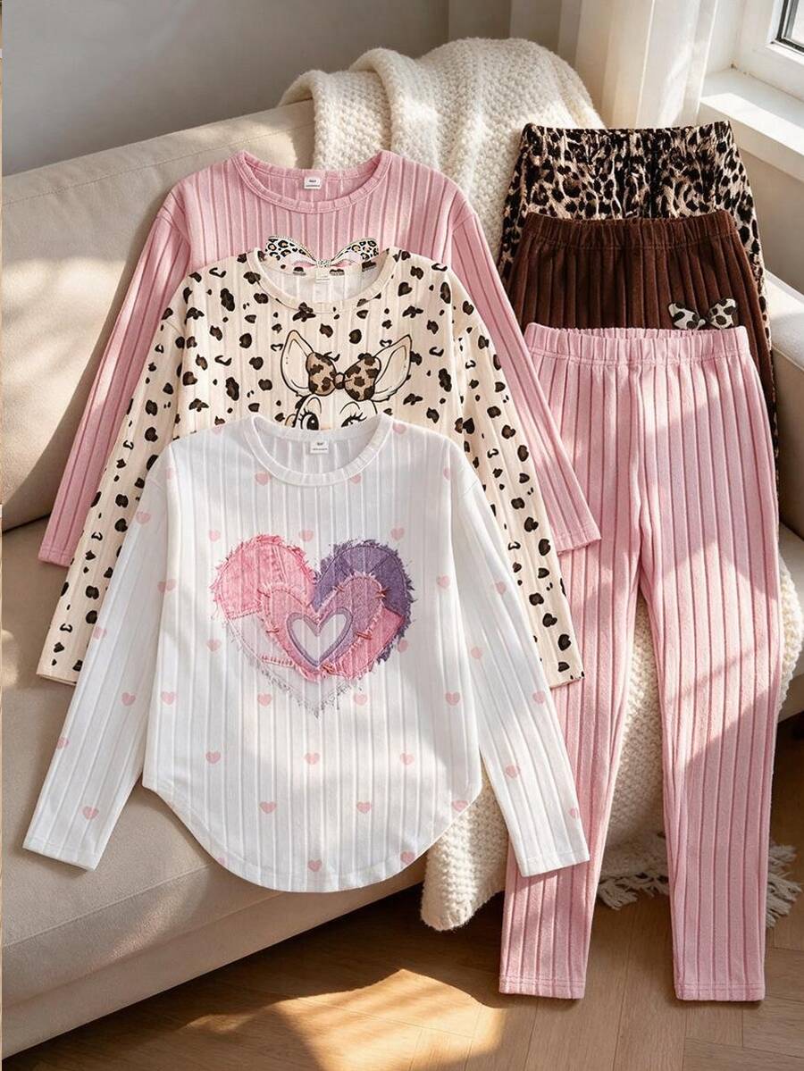 SHEIN Tween Girl 3 Pieces Knit Fuzzy Ribbed Sweatshirt & Pants Set, Heart Rabbit Leopard Print Ribbed Pattern With Leggings, Casual Fashion Simple Comfortable, Suitable For Indoor And Outdoor, Back To School - Multicolor - View 1
