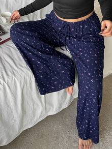 Dazy Plus Plus Size Women's Solid Color Elastic Waist Loose Drawstring Straight Leg Lounge Pants - Blue - View 1