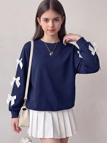 Girlism 青少年女孩秋/冬可愛Y2K蝴蝶結撞色長袖衛衣，休閒校園Ins風長袖衛衣 - 藏蓝色 - 查看 1