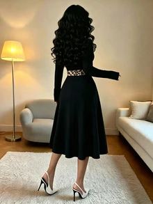 Elenzga New Knit Ant Fabric Textured Leopard Print Solid Color Patchwork Flat Collar Long Sleeve Waist-Cinched Design Elegant Versatile Height-Enhancing Slimming Daily Party Women's Mid-Length Dress - Multicolor - View 2