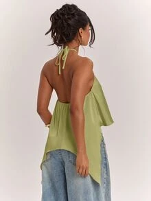 SHEIN BAE Spring/Summer Women's Casual Vacation Halter Neck Backless Asymmetrical Hem Yellow Solid Satin Tank Top, Suitable For Beach Vacation, Beach Holiday, Sister Casual Vacation, Elegant Tank Top, Practical Satin Tank Top, Yellow Satin Tank Top, Elegant Tank Top - Olive Green - View 2