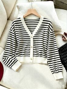 INAWLY Jaket Wanita Minimalis Gaya Prancis Kasual Garis-garis Hitam Putih Blok Warna Lengan Panjang Kancing Cocok untuk Sarapan, Sehari-hari, dan Musim Gugur - Aprikot - View 1