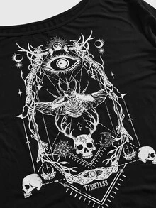 ROMWE Goth 深色哥德風骷髏昆蟲骨架星盤印花大尺碼女款寬鬆單肩落肩T恤 - 黑色 - 查看 3