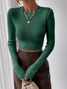 SHEIN Y2K Daily Comfortable Long Sleeve Sweater Commute Retro - Dark Green - View 3