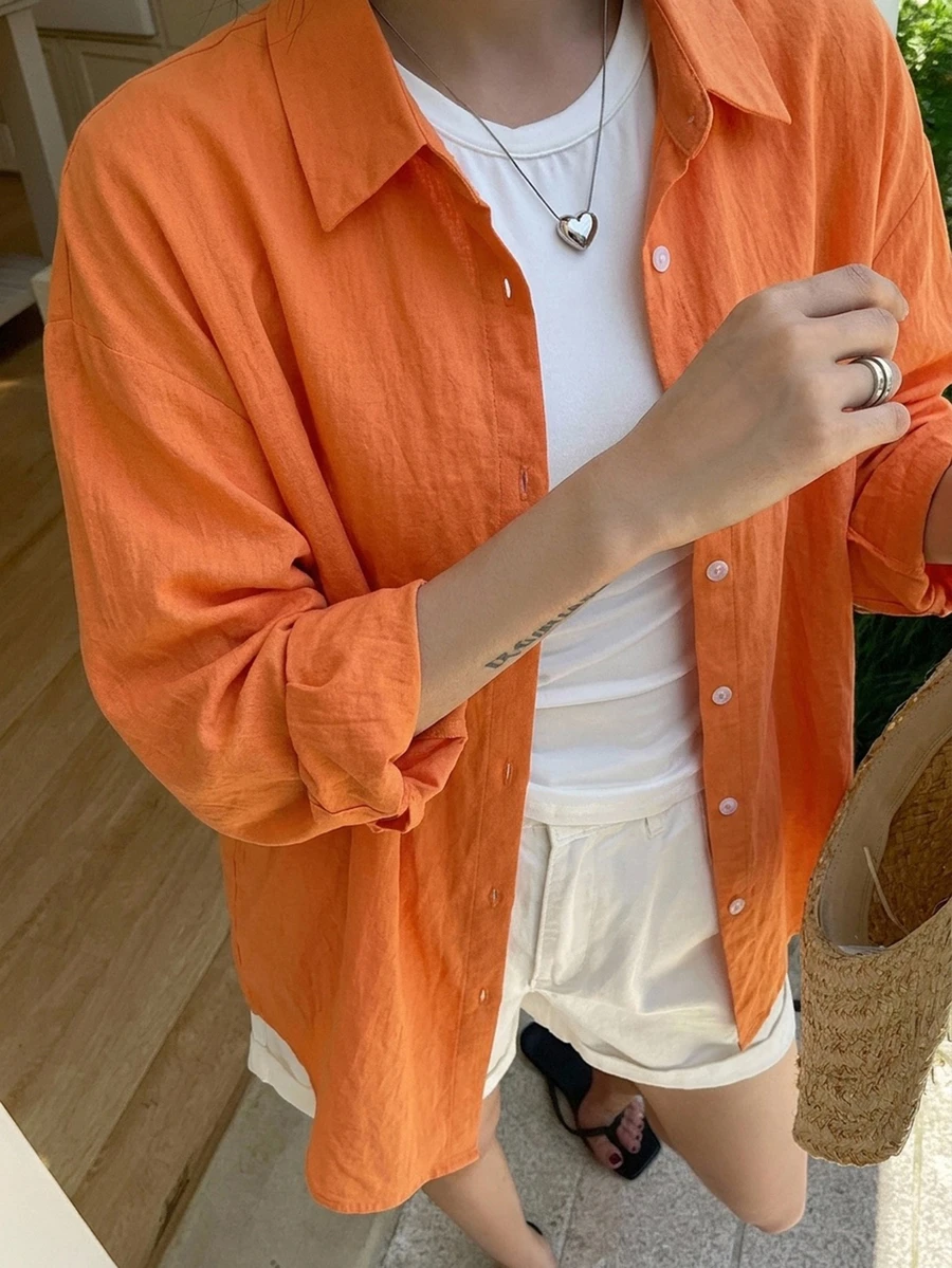 DAZY 女款純色單排扣休閒百搭日常穿著襯衫 - 橘色 - 查看 1