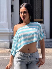 Slaydiva 女款街頭風性感短版條紋拼色T恤 - 彩色 - 查看 5