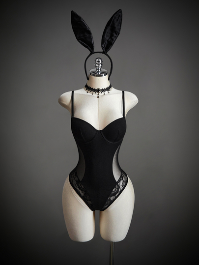 SHEIN ICON Women's Black Goth Bunny Girl Club Black Solid Color Contrast Lace Halloween Cosplay Cami Camisole For Costume Play