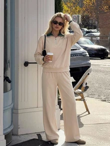 DAZY Women's Letter Print Zipper Design Long Sleeve Top And Pants Pajama Set Fall - Khaki - View 5