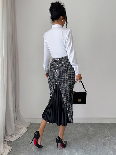 Elenzga Women's Elegant Slim Fit Pleated Skirt, Tweed High Waist Skirt, Women's Elegant Skirt, Office Women's Fashion Skirt, Suitable For Casual, Party, Spring, Autumn, Winter Wear