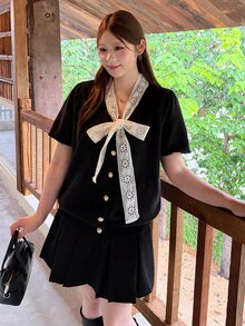 Bijouette Plus Size Lace Bow Knit Top, Puff Sleeve Single-Breasted Cropped Fitted Short Sleeve Cardigan With Bow Decor - Black and White - View 1