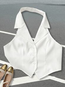 SHEIN EZwear 女款翻領露背無袖前扣西裝外套 秋冬款 - 白色 - 查看 8