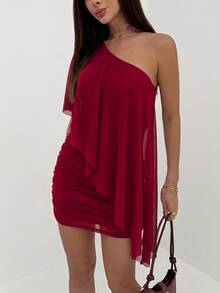 Aloruh Women's Sexy Vacation One-Shoulder Ruched Dress - Rose Red - View 7