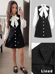 Tween Girl Collar Patchwork Kids Color Fashion Vacation Travel Autumn Dress - Black - View 4