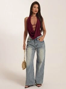 SHEIN BAE Spring/Summer Brown Draped Neck Deep V Cut-Out Fitted Bodysuit, Sexy Hot Girl Style For Date, Party, Vacation Top - Burgundy - View 3