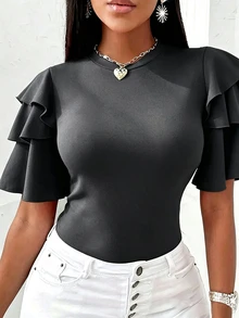 EMERY ROSE Camiseta de Talla Grande Versátil Estilo Francés con Puño de Volantes y Cuello Redondo - Gris Oscuro - Ver 1