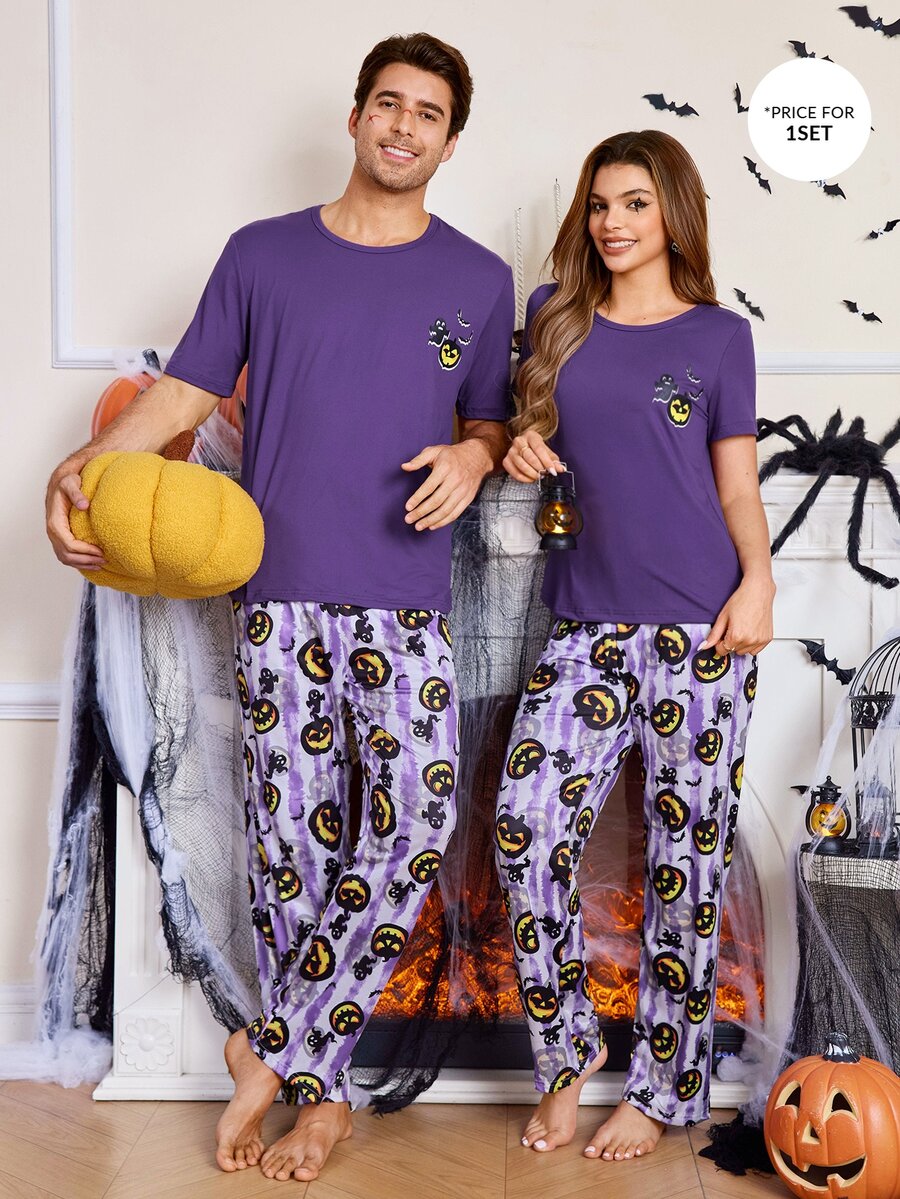 CoupledUp Halloween Pumpkin Print Men's Short Sleeve Long Pants Casual Pajama Set - Purple - View 1