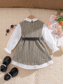 SHEIN Young Girls Autumn/Winter Cute Colorblock Faux Two-Piece White Long Sleeve Dress - 杏色 - 查看 2