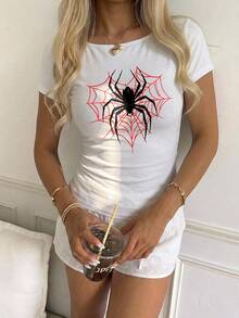 CovetEZ 休閒極簡性感露肩 95% 白色棉短袖 T-shirt，適合春夏，春夏服飾，蜘蛛印花圖案 - 白色 - 查看 4