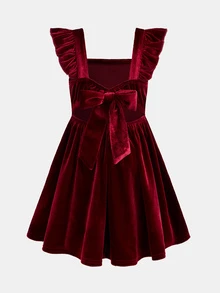 Firerie Kids 女童時尚秋冬款後背蝴蝶結洋裝，適合聖誕節、新年、生日禮物、派對穿著 - 紅色 - 查看 6