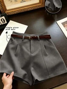Franclia 法式極簡風梭織純色通勤休閒復古高腰A字寬腿新款女款短褲 - 深灰色 - 查看 3
