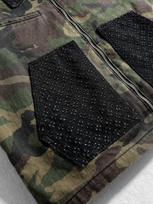 ROMWE MEN 男士迷彩圖案長袖前開拉鍊牛仔夾克 - 軍綠色 - 查看 4
