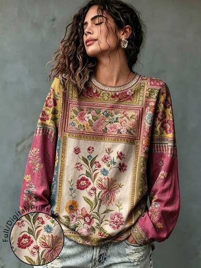 Selamara Camiseta de manga larga con cuello redondo y estampado floral vintage casual para mujer de talla grande, top para mujer, adecuado para uso diario en otoño