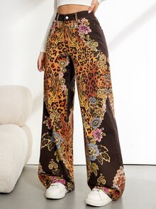 SHEIN Tall 女款休閒日常外出牛仔褲，附口袋、鈕扣與花卉圖案 - 彩色 - 查看 4